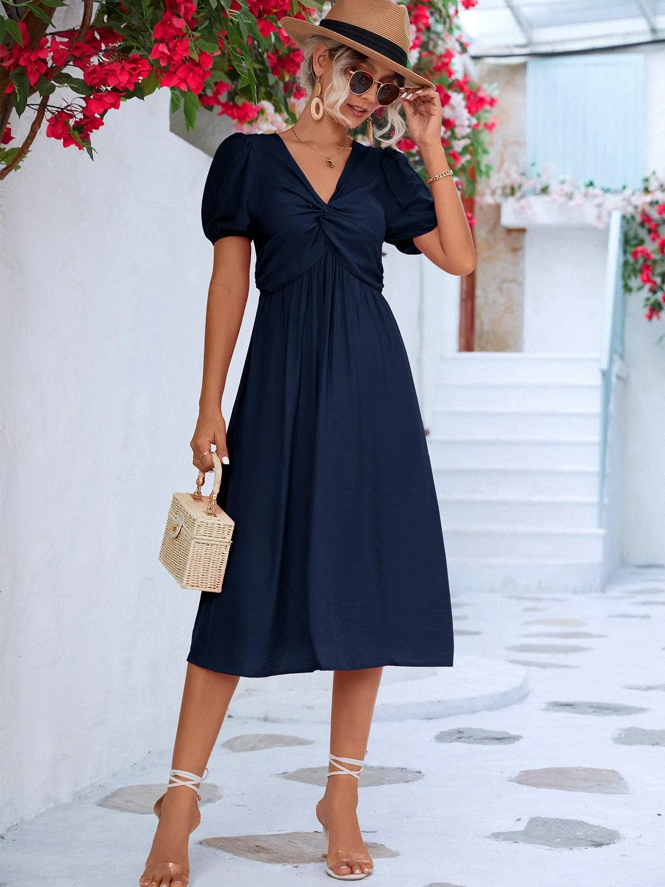 Hazel Blues® |  Twisted Short Puff Sleeve V-Neck Dress
