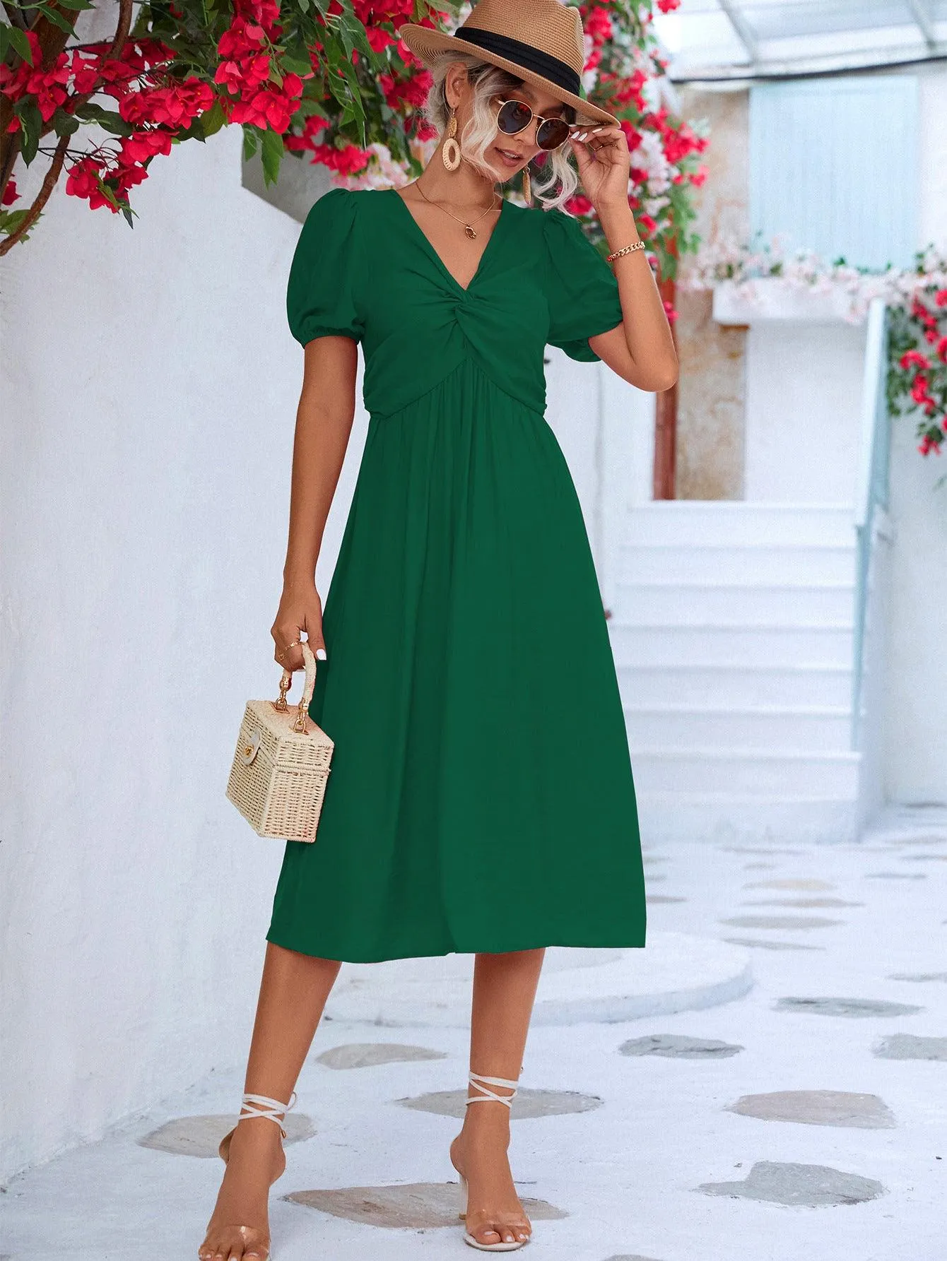 Hazel Blues® |  Twisted Short Puff Sleeve V-Neck Dress