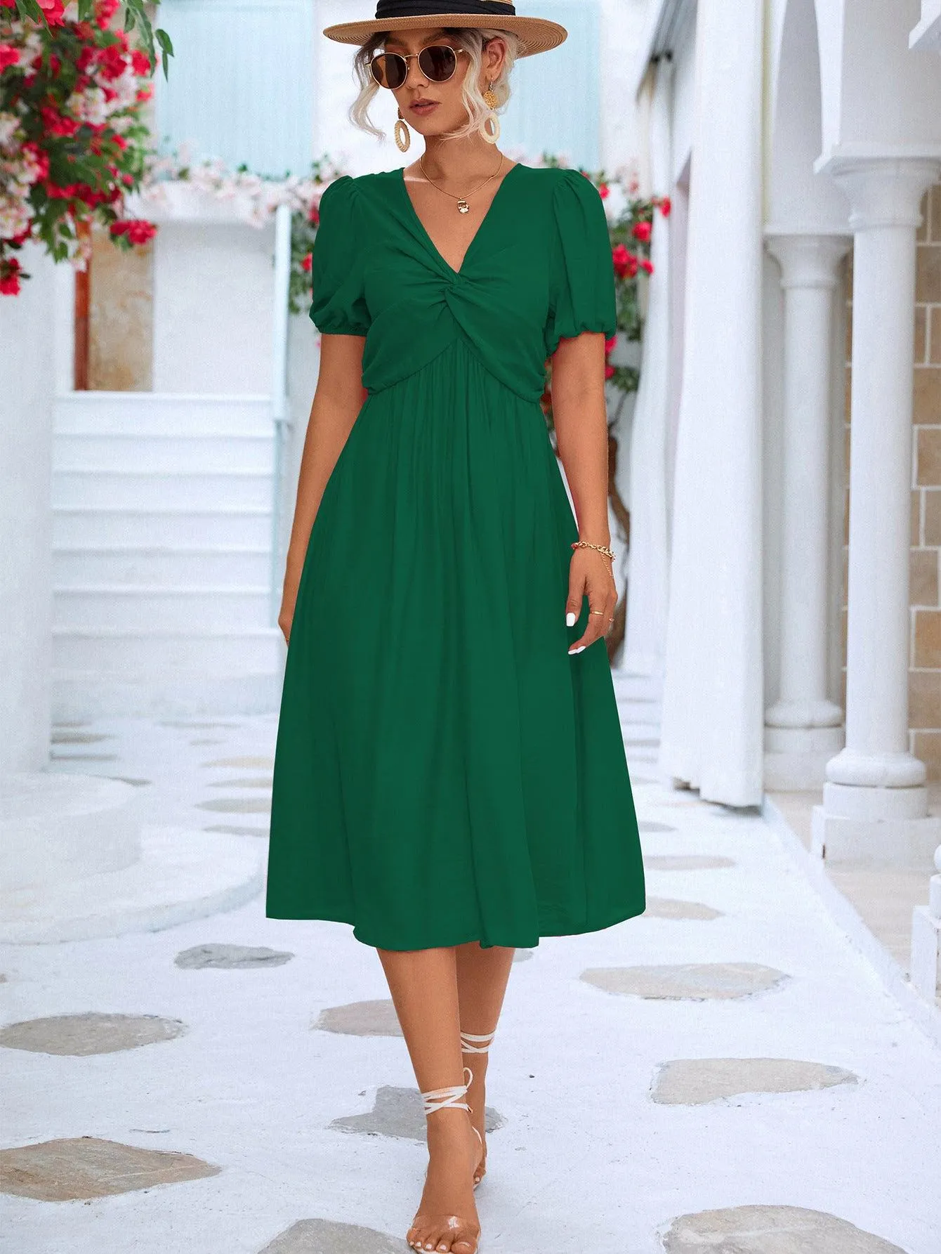 Hazel Blues® |  Twisted Short Puff Sleeve V-Neck Dress