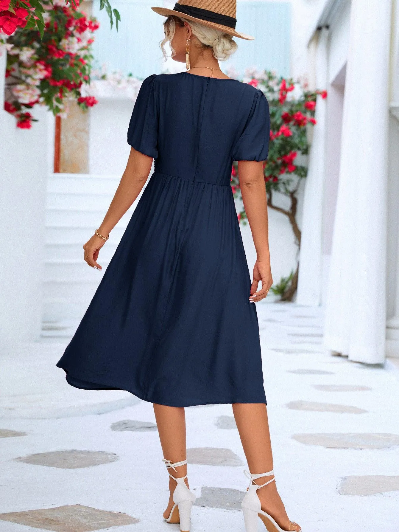Hazel Blues® |  Twisted Short Puff Sleeve V-Neck Dress