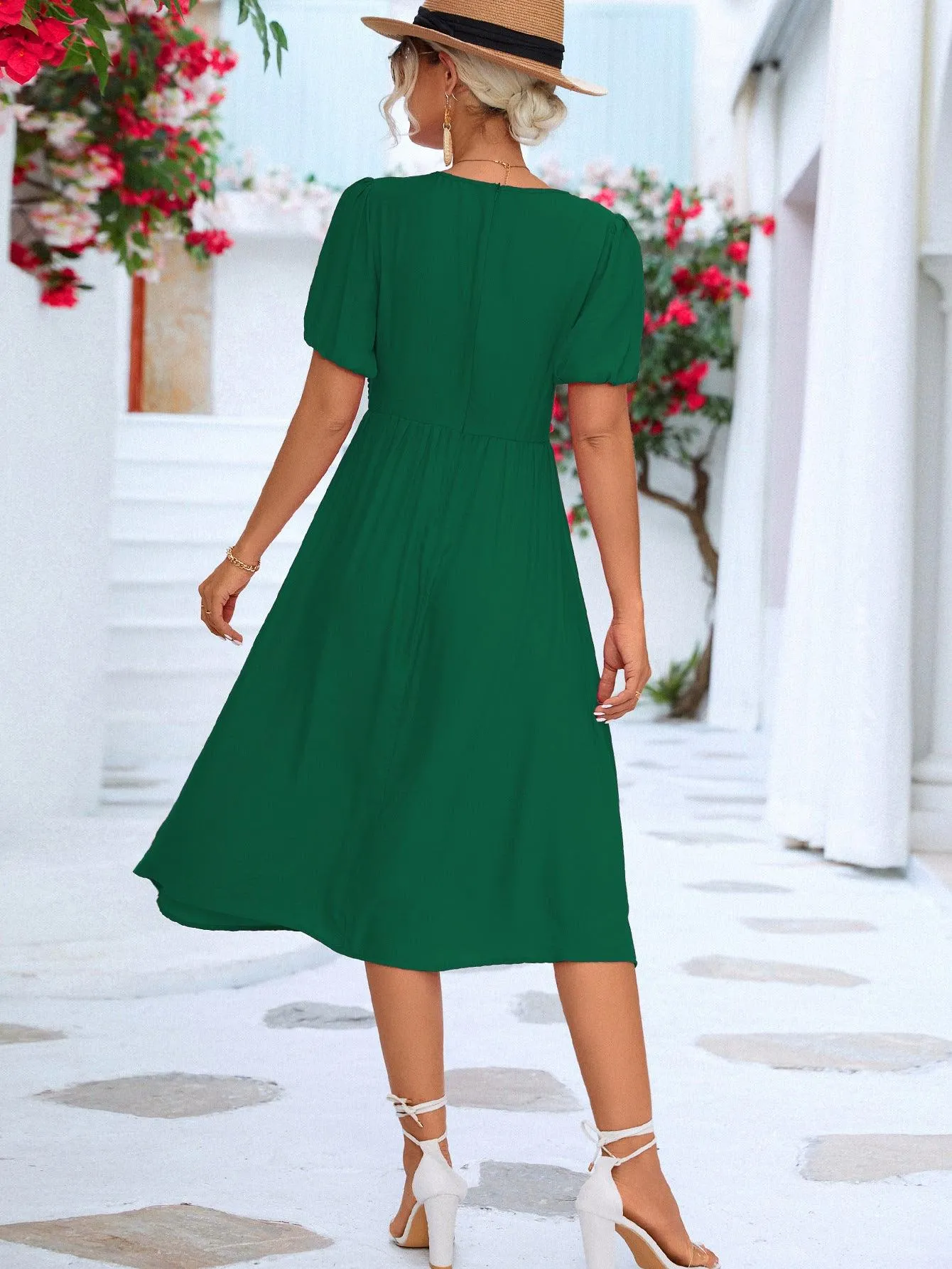 Hazel Blues® |  Twisted Short Puff Sleeve V-Neck Dress