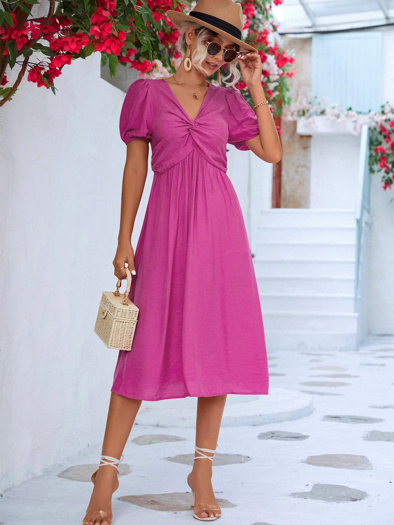 Hazel Blues® |  Twisted Short Puff Sleeve V-Neck Dress
