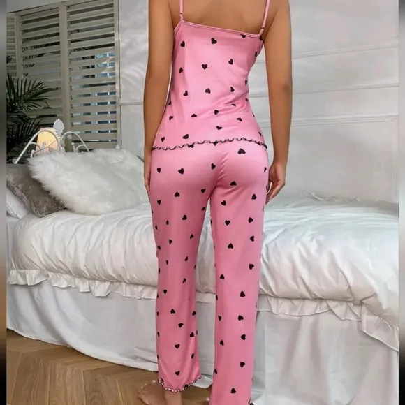 Heart Print Contrast Lace Bow Front Cami PJ Set / Pajama Set