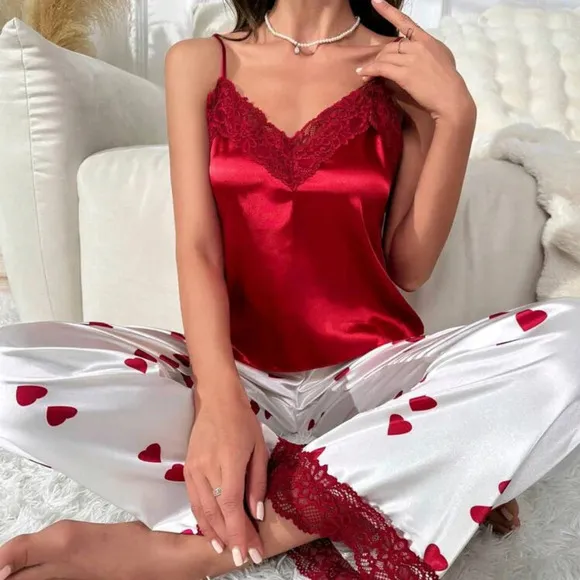 Heart Print Contrast Lace Satin PJ Set / Pajama Set
