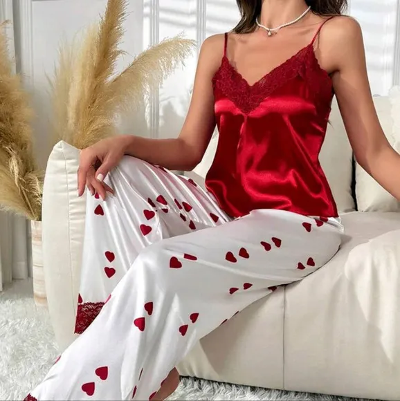 Heart Print Contrast Lace Satin PJ Set / Pajama Set