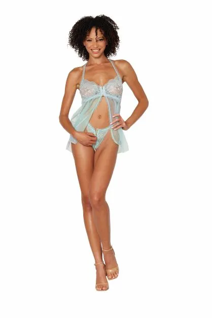 Hella Raw Stretch Lace Babydoll Set W- Ruffle Trim Mint O-s