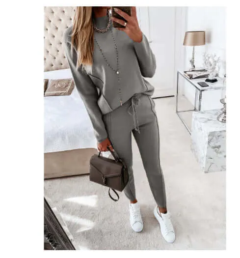 High neck long sleeve pocket trousers casual two-piece suit