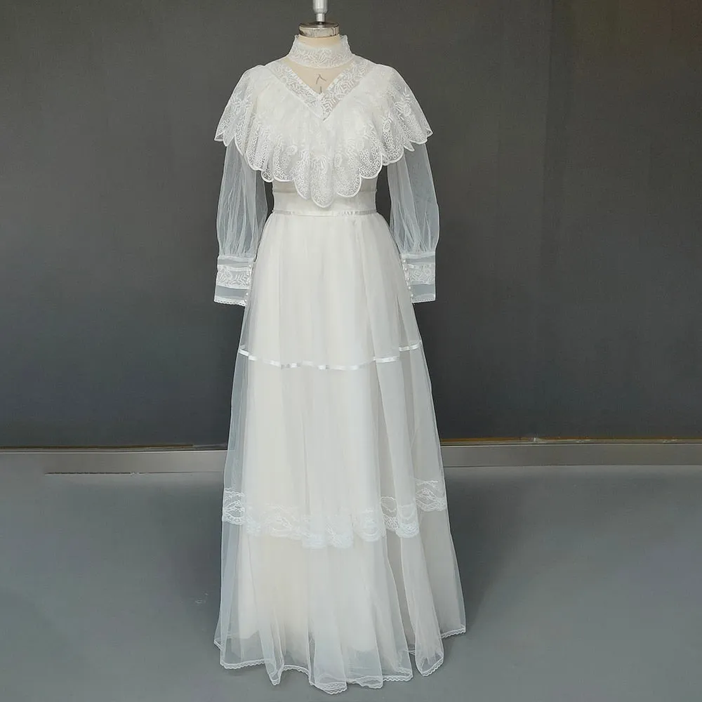 High Neck Tulle Wedding Dress Vintage Long Sleeve Lace