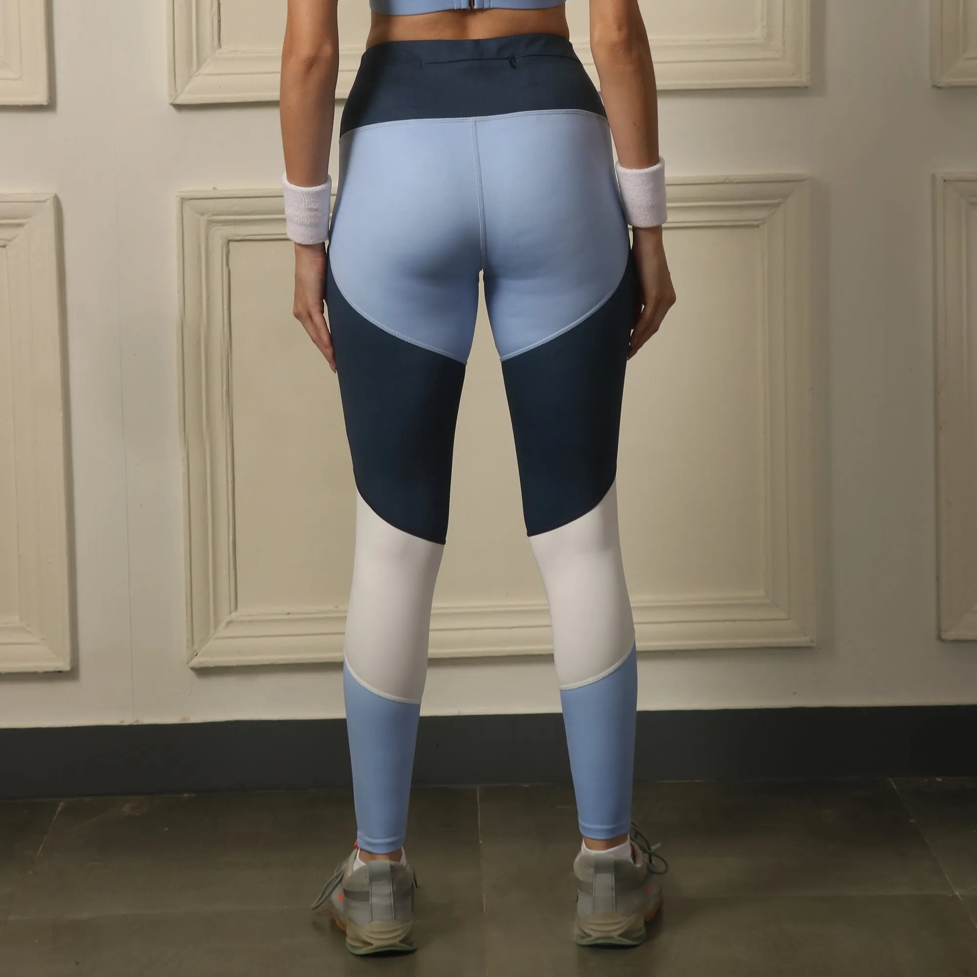High-Waist Compression Waistband Ankle-Length Leggings with Tri-Color Block