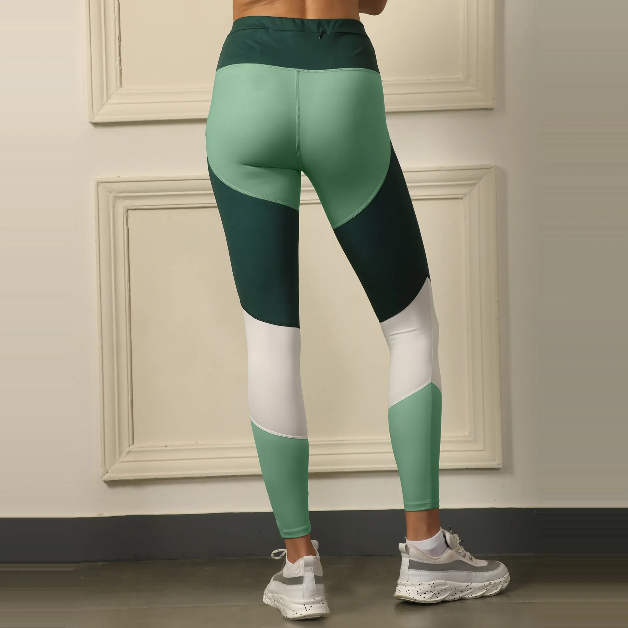 High-Waist Compression Waistband Ankle-Length Leggings with Tri-Color Block