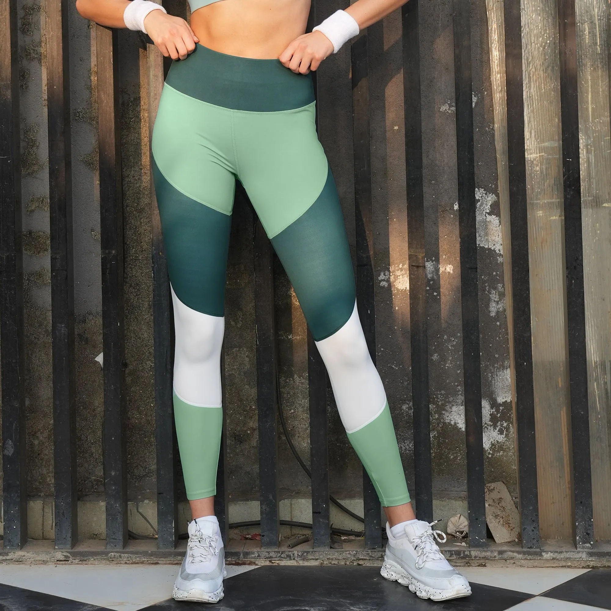 High-Waist Compression Waistband Ankle-Length Leggings with Tri-Color Block