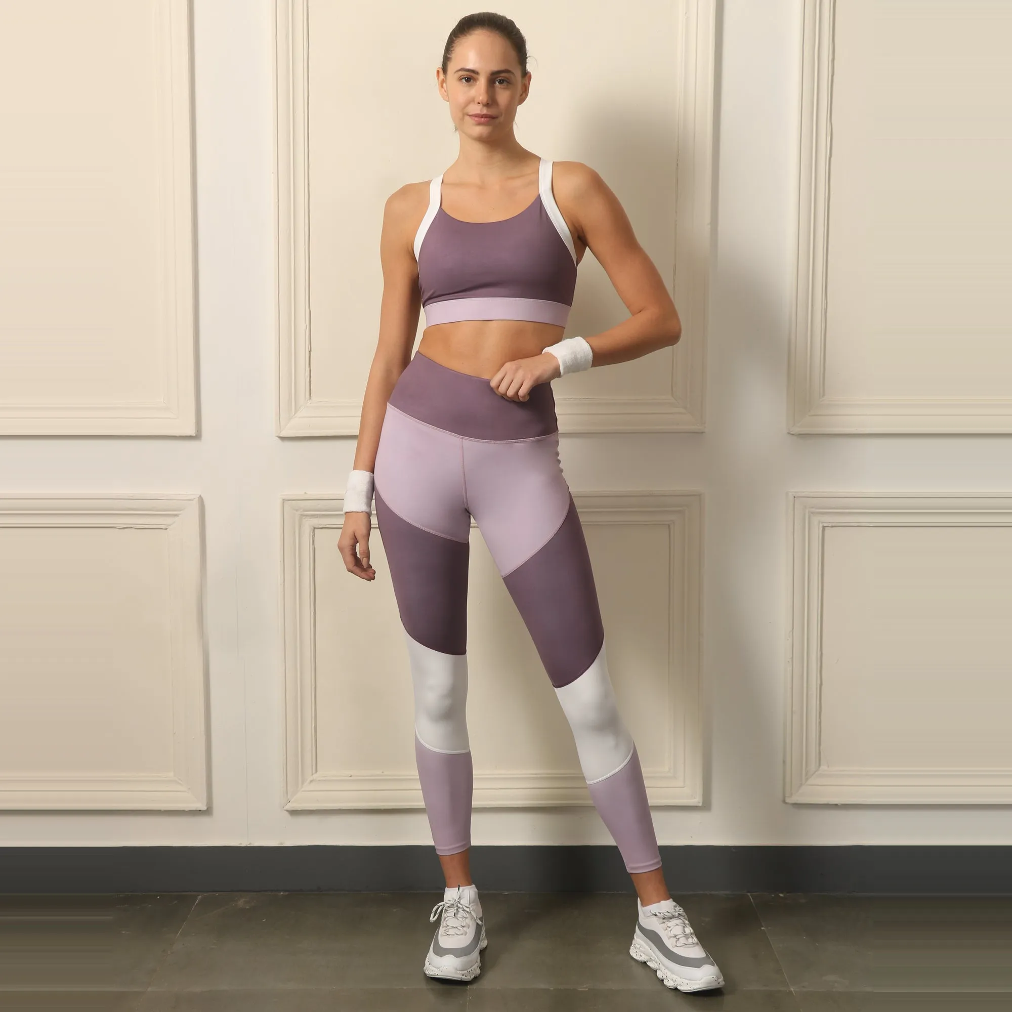 High-Waist Compression Waistband Ankle-Length Leggings with Tri-Color Block