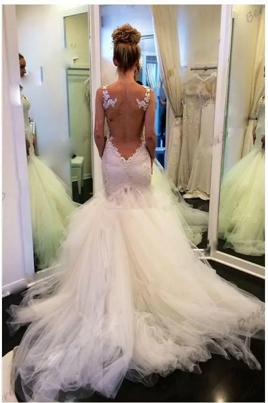 Illusion Back Mermaid Wedding Dresses with Lace Bodice