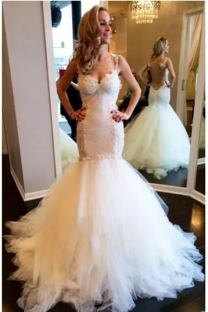 Illusion Back Mermaid Wedding Dresses with Lace Bodice