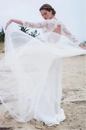 Illusion Lace Sleeves Boho Wedding Gown with Tulle Skirt
