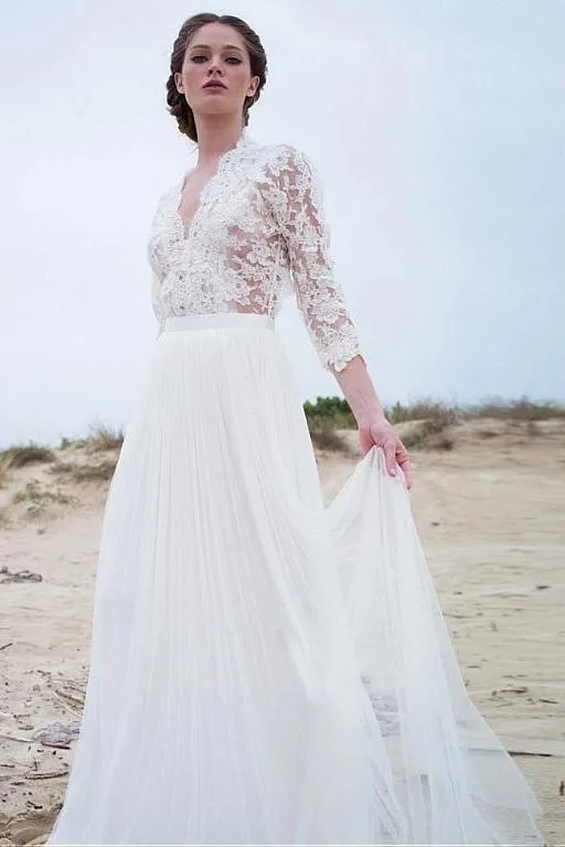 Illusion Lace Sleeves Boho Wedding Gown with Tulle Skirt