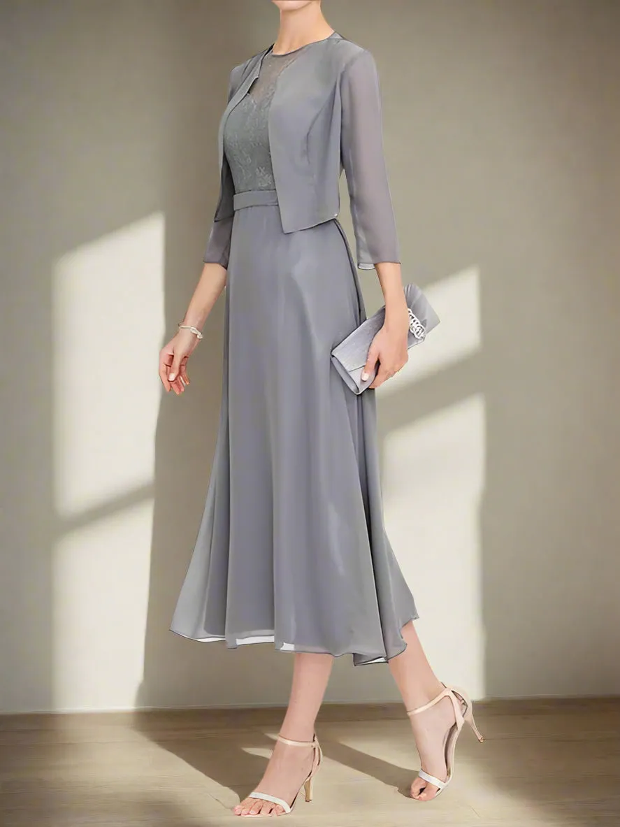 Illusion Neck Tea Length A-Line Mother of the Bride Dress