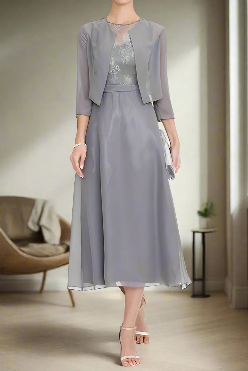 Illusion Neck Tea Length A-Line Mother of the Bride Dress