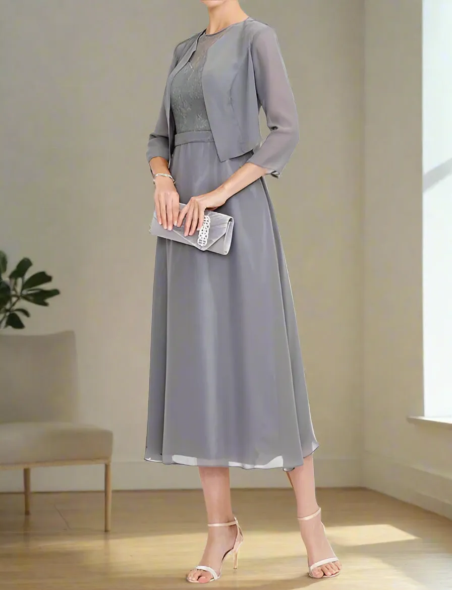 Illusion Neck Tea Length A-Line Mother of the Bride Dress