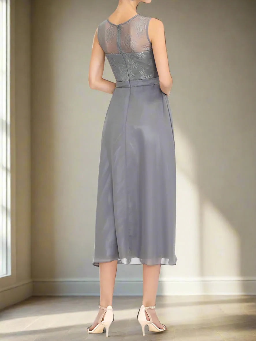Illusion Neck Tea Length A-Line Mother of the Bride Dress