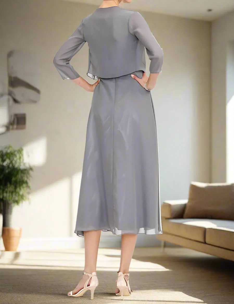 Illusion Neck Tea Length A-Line Mother of the Bride Dress