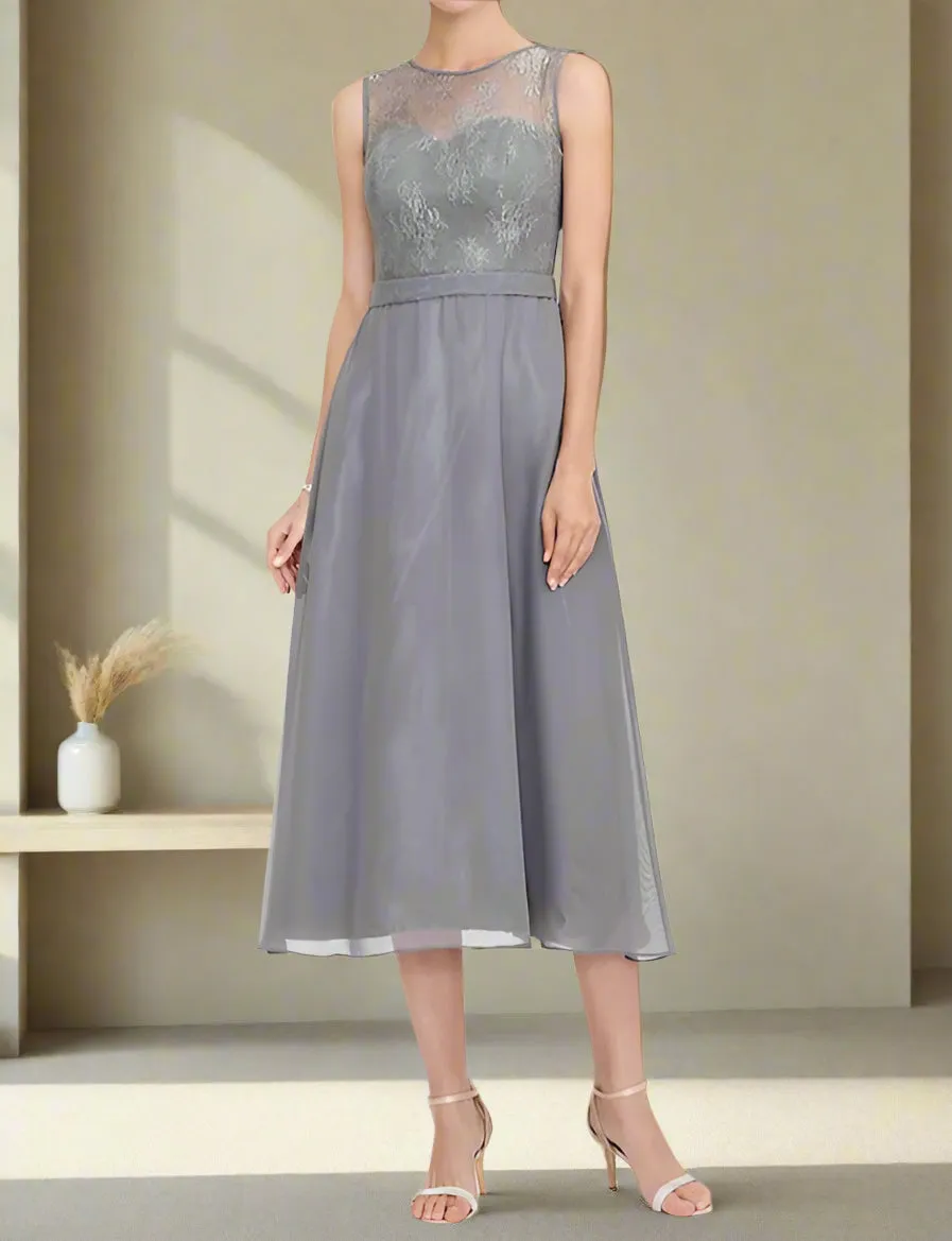 Illusion Neck Tea Length A-Line Mother of the Bride Dress