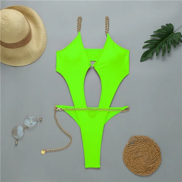 In-X High cut one piece swimsuit female Sexy monokini Chain bikini 2020 Hollow out swimwear women Bodysuit one-piece suits new