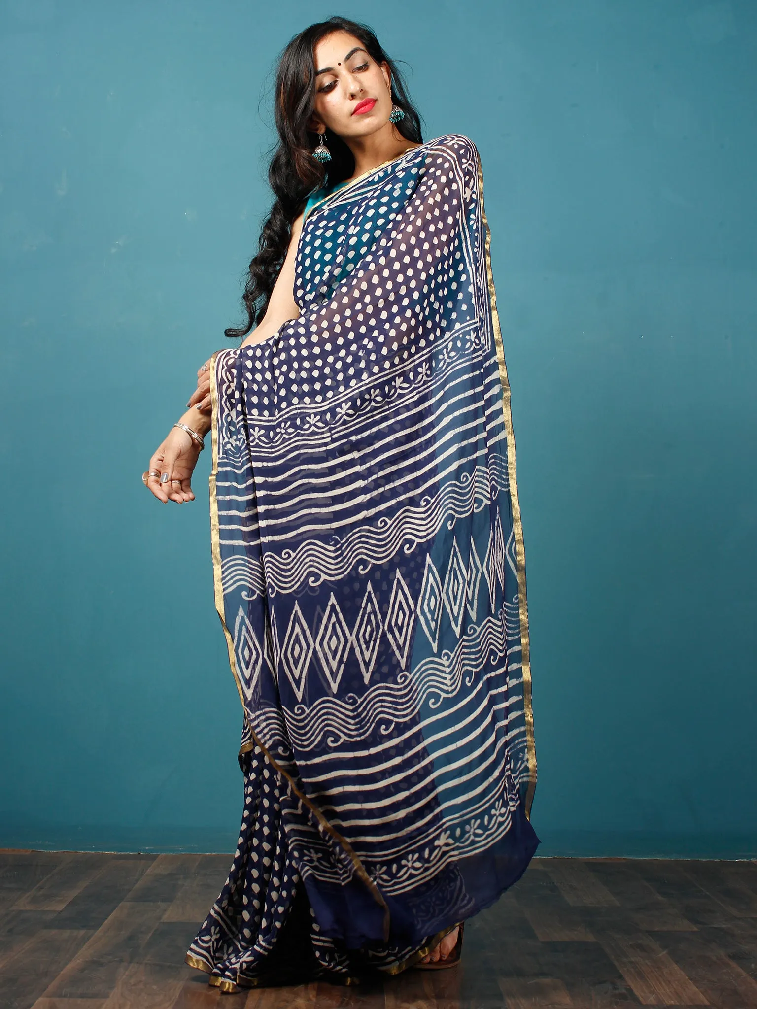 Indigo Ivory Hand Block Printed Chiffon Saree with Zari Border - S031702819