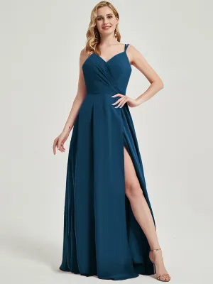 Ink Blue Spaghetti Straps V-Neck Slit Lace Chiffon Bridesmaid Dress