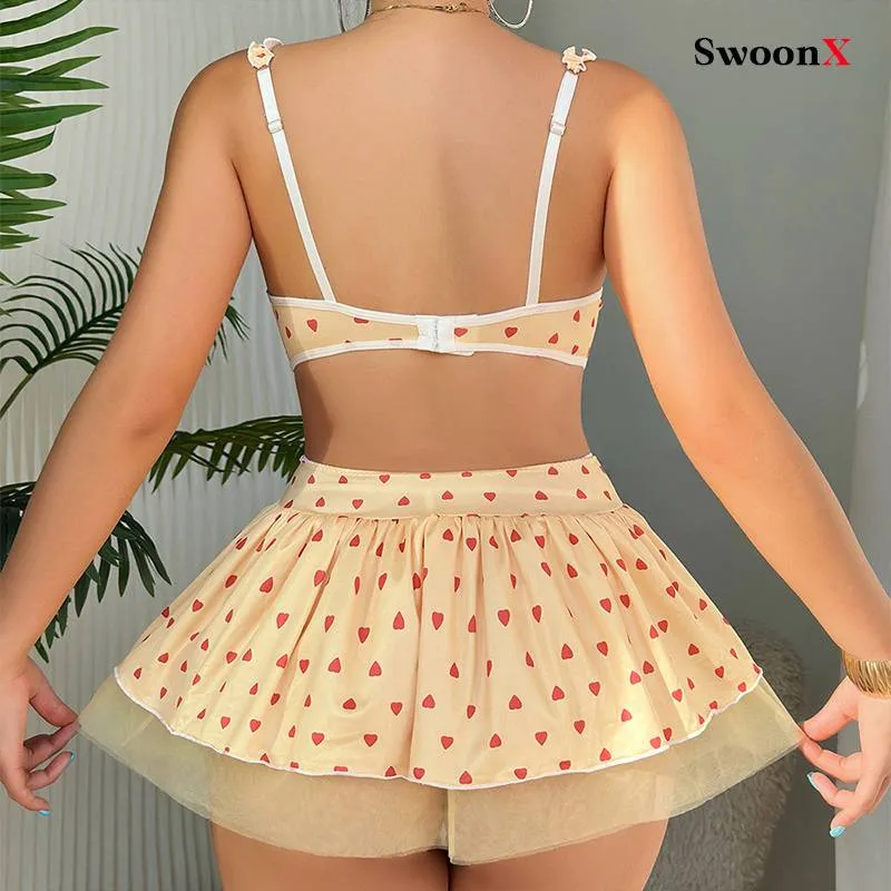 Intimate Lingerie with Heart Print & Sheer - Sexy Bra and Mini Skirt