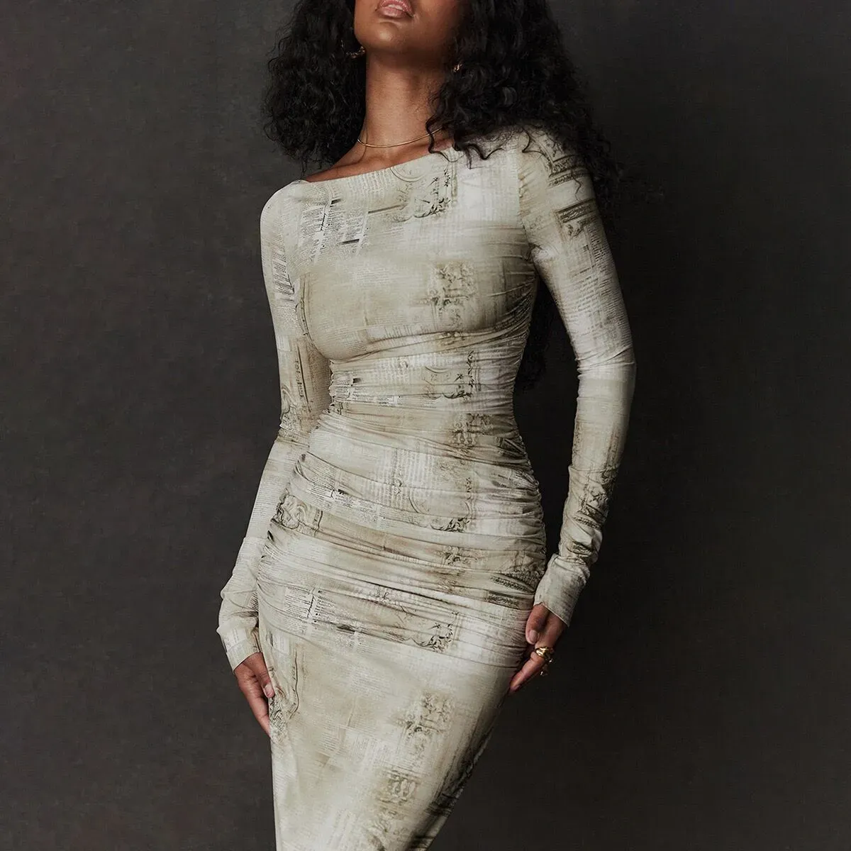 Isolde Ruched Long Sleeve Printed Bodycon Maxi Dress