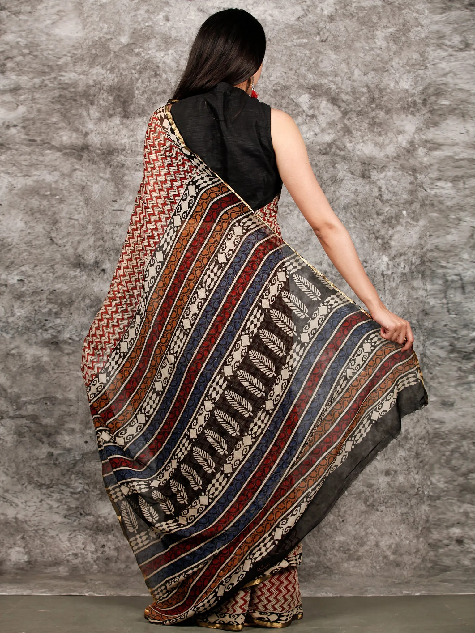 Ivory Black Maroon Hand Block Printed Chiffon Saree with Zari Border - S031703229
