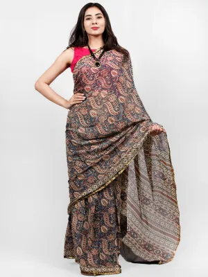 Ivory Indigo Black Maroon Hand Block Printed Chiffon Saree with Zari Border - S031703232