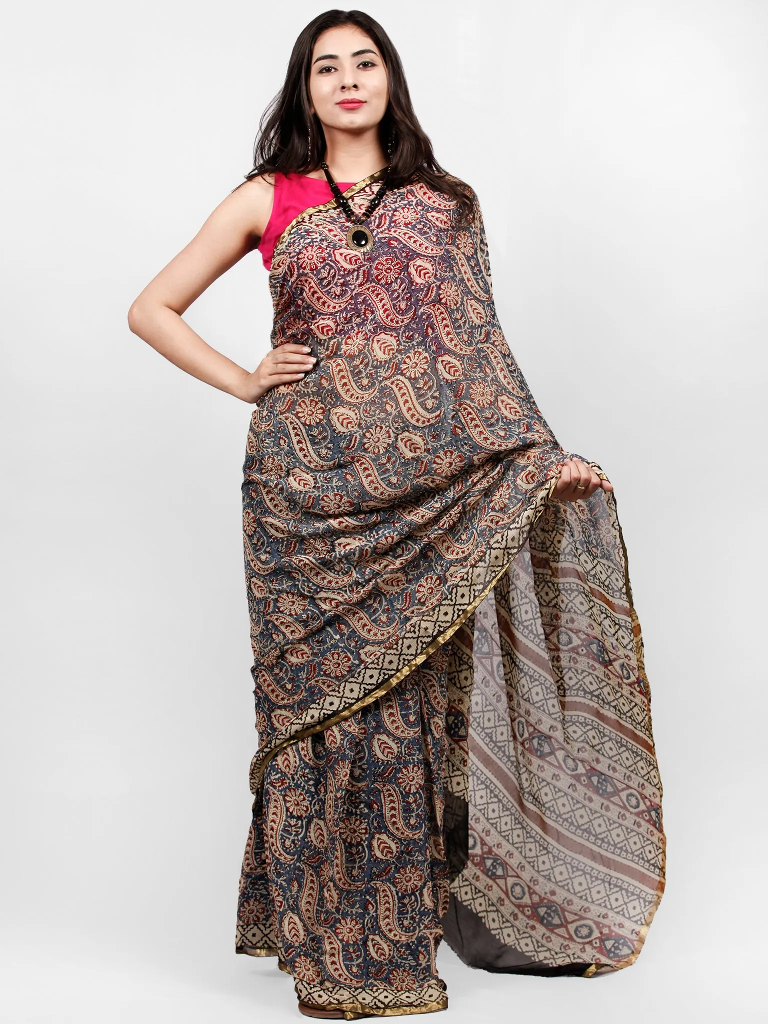 Ivory Indigo Black Maroon Hand Block Printed Chiffon Saree with Zari Border - S031703232