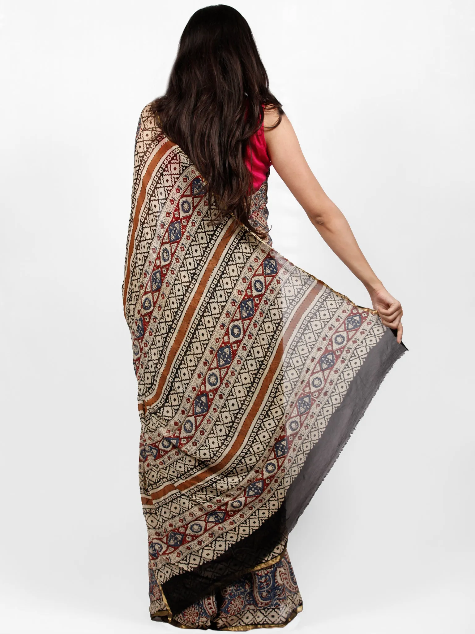 Ivory Indigo Black Maroon Hand Block Printed Chiffon Saree with Zari Border - S031703232