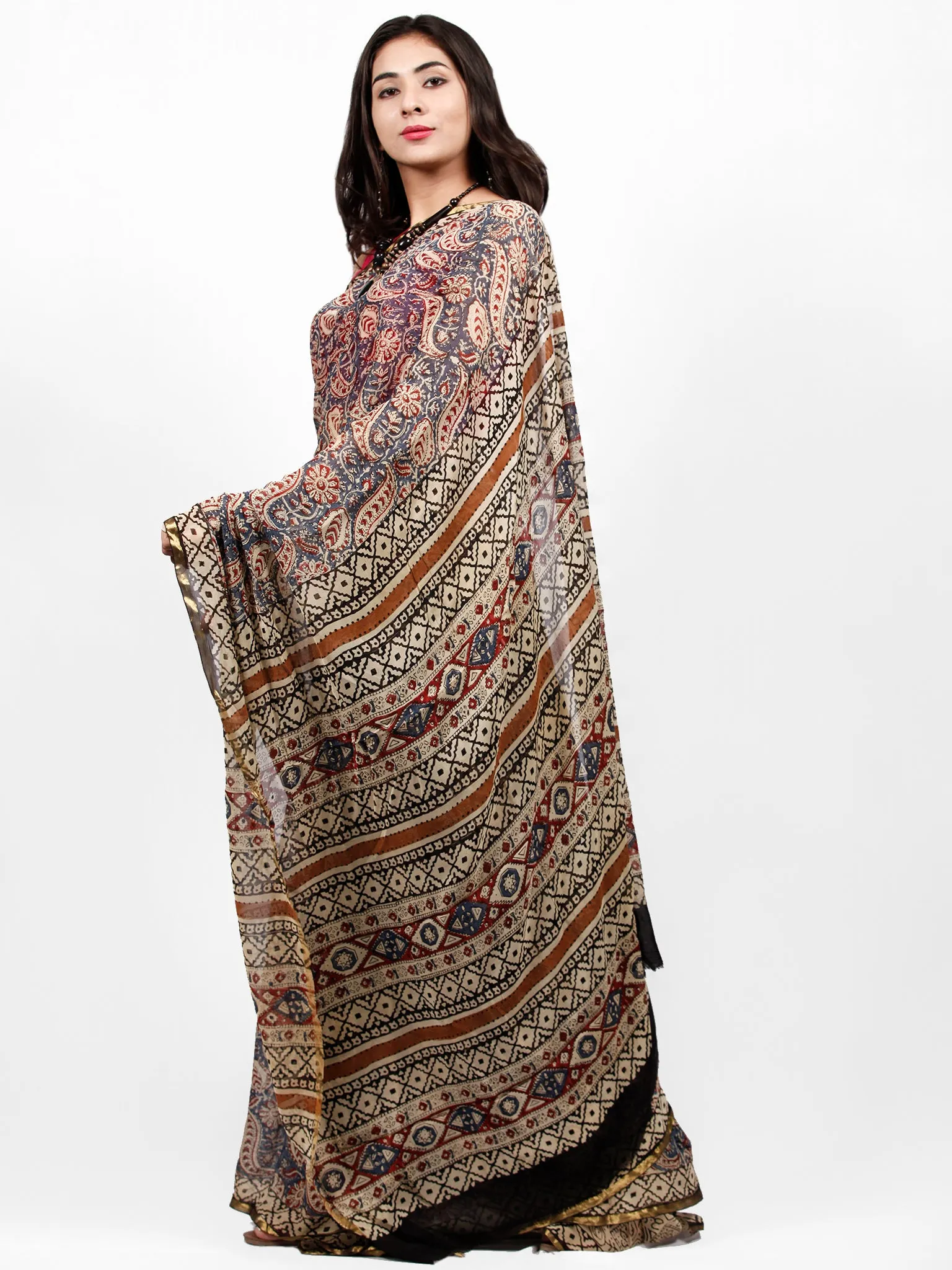 Ivory Indigo Black Maroon Hand Block Printed Chiffon Saree with Zari Border - S031703232