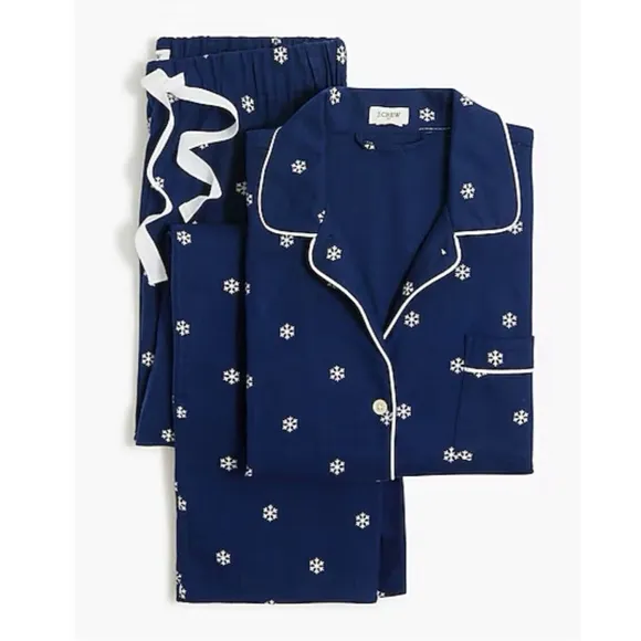 J Crew-Long Sleeve Flannel Pajama Set Women’s L Navy Blue w/White Snowflake NWT