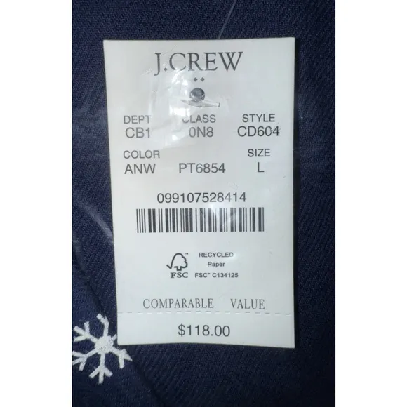 J Crew-Long Sleeve Flannel Pajama Set Women’s L Navy Blue w/White Snowflake NWT