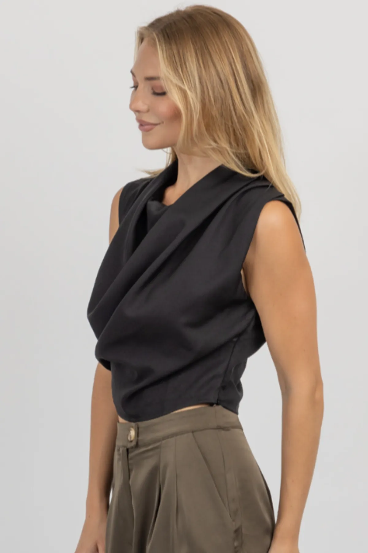 JOAH BLACK HIGH COWLED BLOUSE