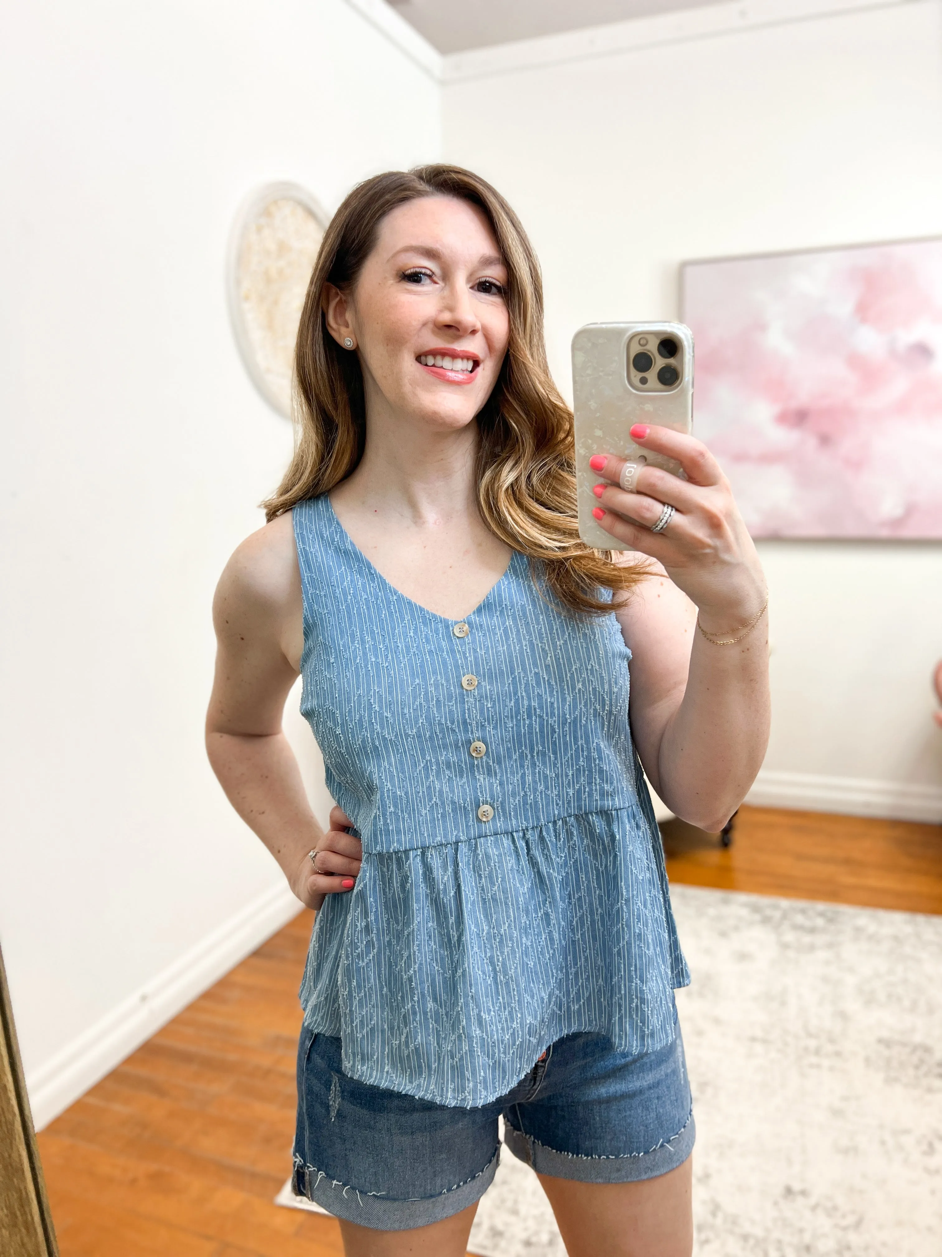 Joanne Chambray Braided-Back Peplum Top FINAL SALE