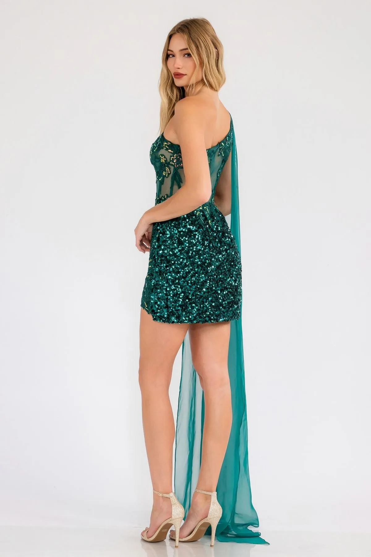 Juliet JT937R Dress One Shoulder Cape Sleeve Cocktail Sequin Gown