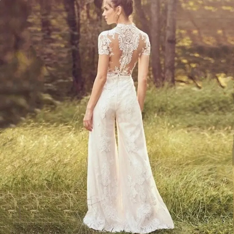 Jumpsuit Wedding Dresses For Women Lace Applique Short Sleeve