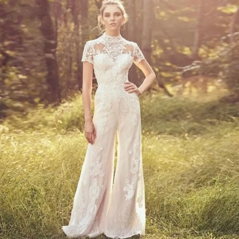Jumpsuit Wedding Dresses For Women Lace Applique Short Sleeve