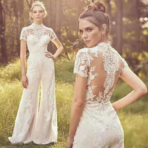 Jumpsuit Wedding Dresses For Women Lace Applique Short Sleeve
