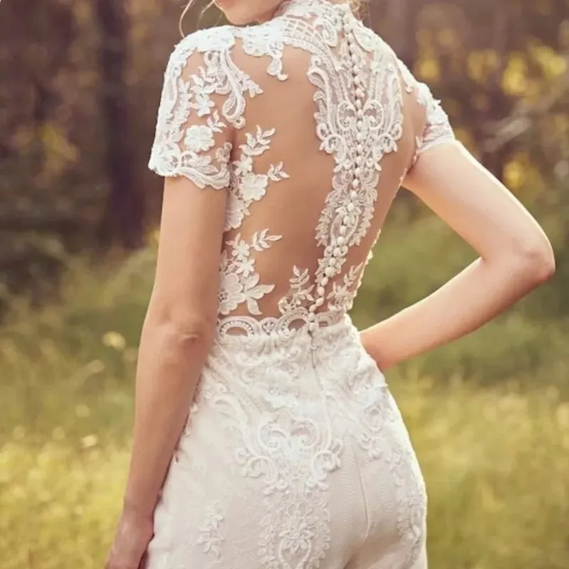Jumpsuit Wedding Dresses For Women Lace Applique Short Sleeve