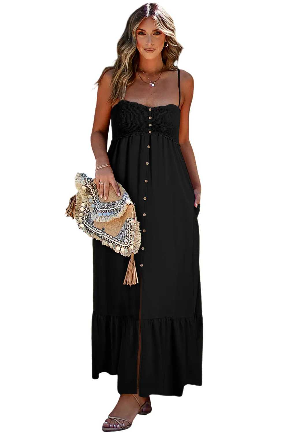 KaleaBoutique Spaghetti Straps Smocked Front Slit Buttoned Dress