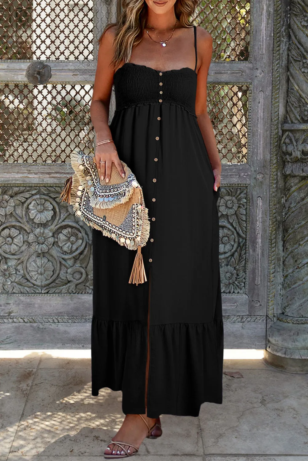 KaleaBoutique Spaghetti Straps Smocked Front Slit Buttoned Dress