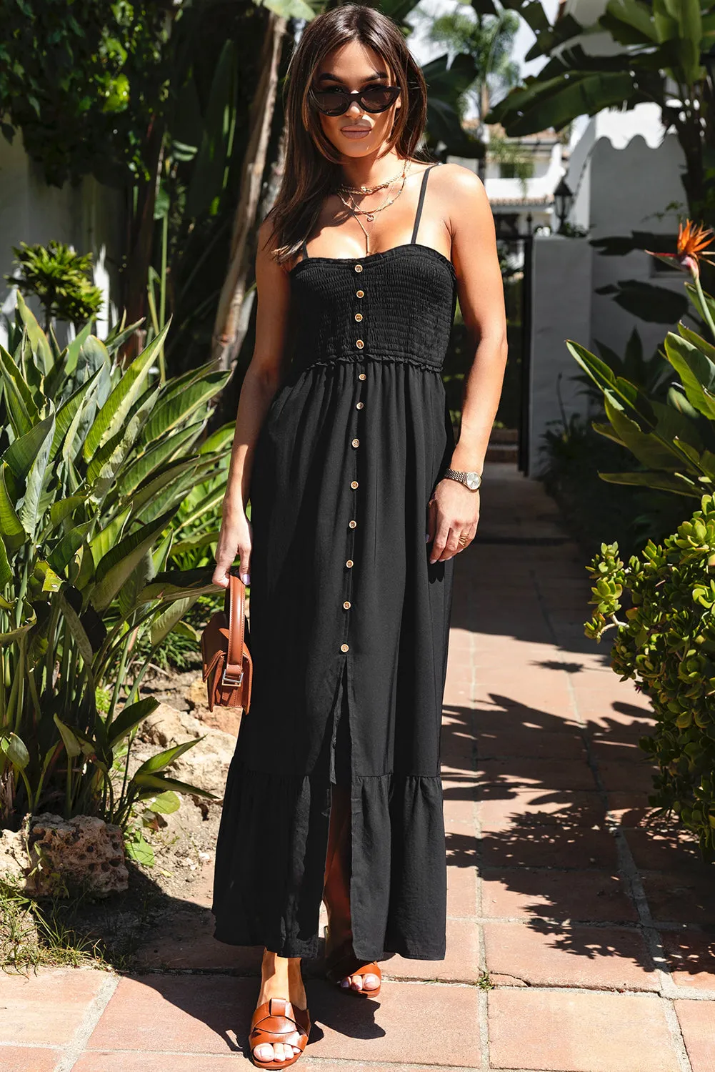 KaleaBoutique Spaghetti Straps Smocked Front Slit Buttoned Dress