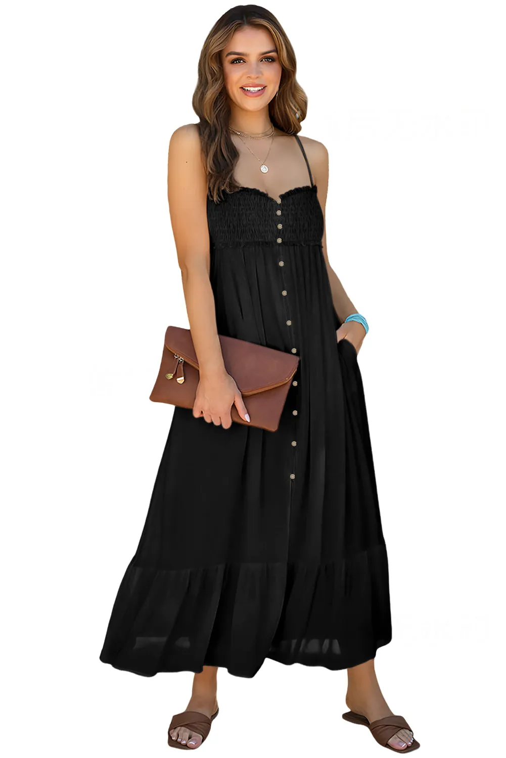 KaleaBoutique Spaghetti Straps Smocked Front Slit Buttoned Dress