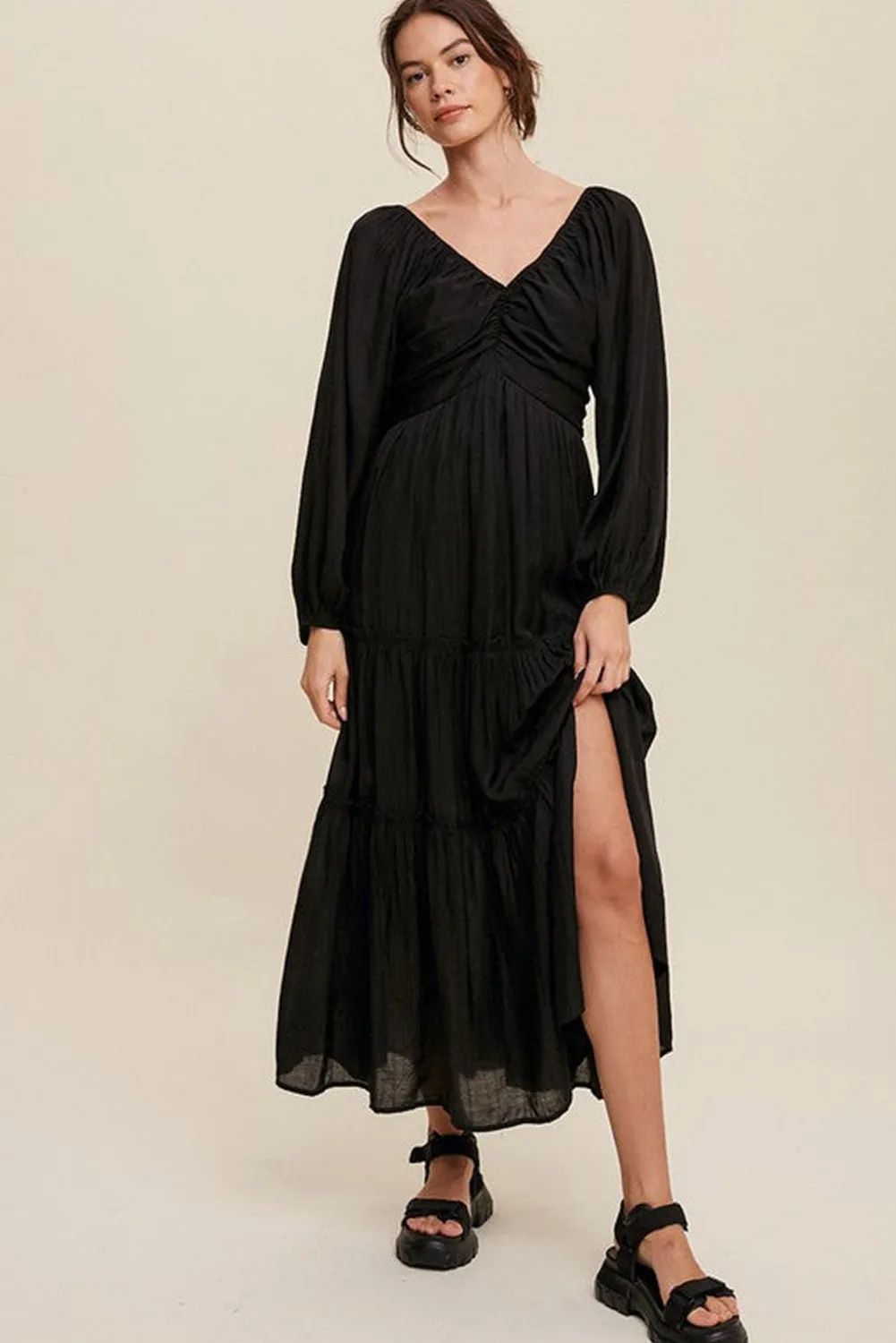 KaleaBoutique V Neck Bowknot Cutout Frill Tiered Maxi Dress